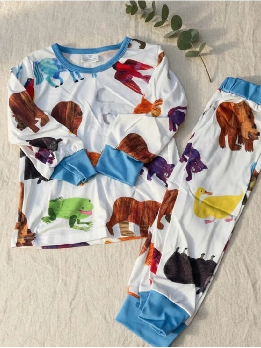 Kids Animal Print Pajama Set - White with Blue Trim